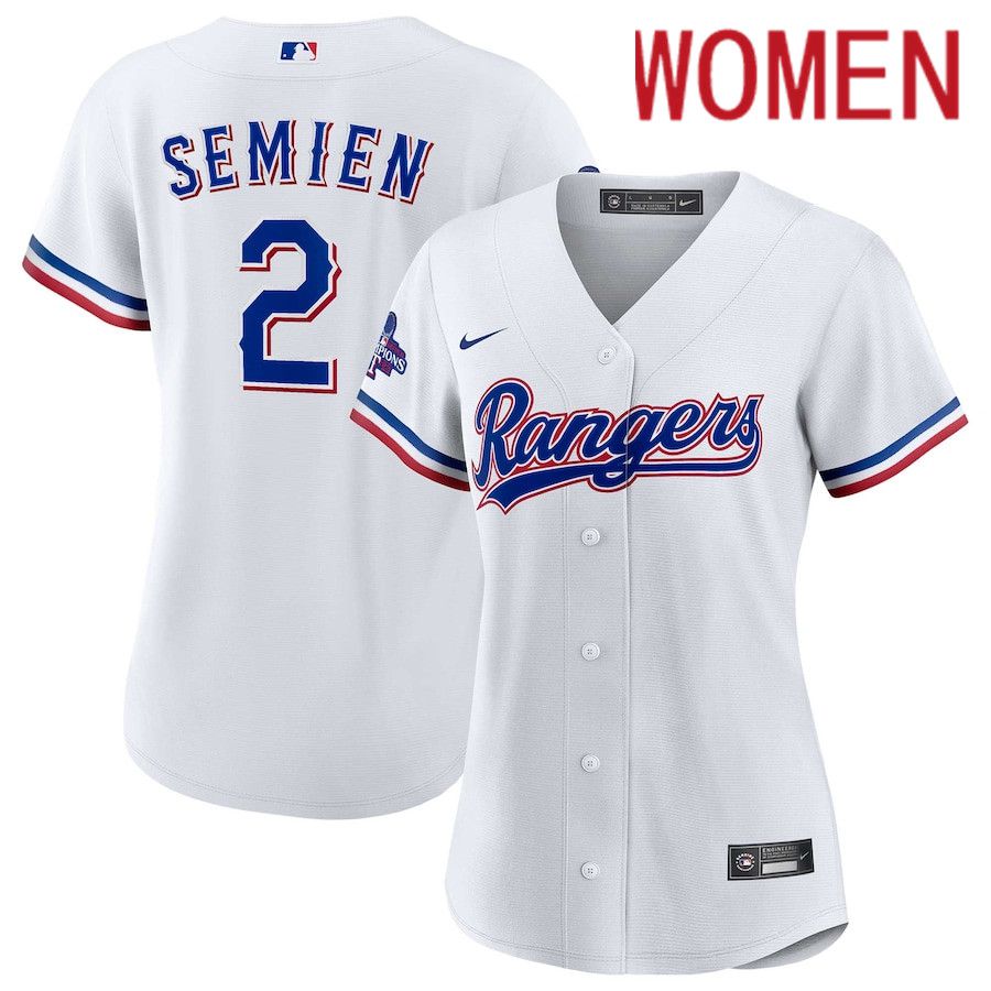 Women Texas Rangers #2 Marcus Semien Nike White Home 2023 World Series Champions Replica Player MLB Jersey->texas rangers->MLB Jersey